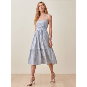 Reformation Summer Blue and White Striped Midi Dress